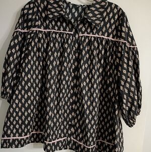 Chic Soul Black & Pink Printed Peasant Blouse with Pink Trim Size 1X Button Up